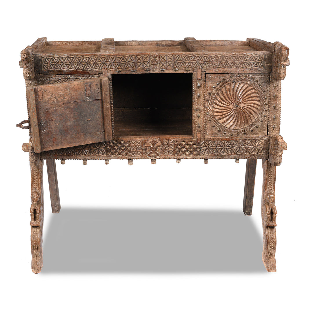 Open Door View Of Carved Teak Manjus Dowry Chest From Saurashtra - 19thC | Indigo Antiques