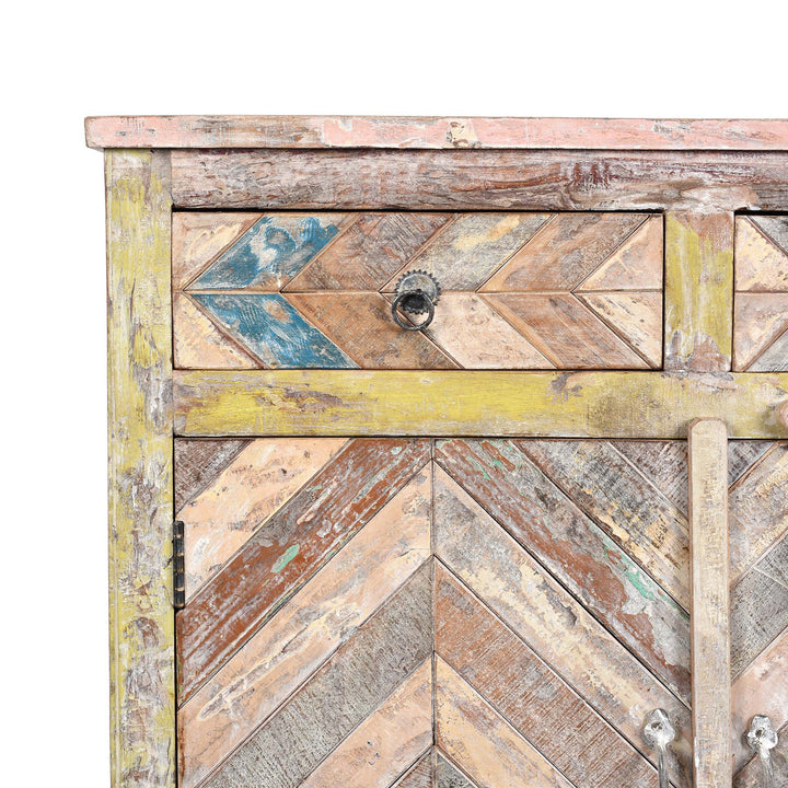 Corner Detail From 2 Door Sideboard Made From Reclaimed Teak | Indigo Antiques