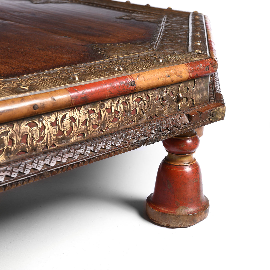 Lacquer Detail From Antique Octagonal Bajot Low Prayer Table From Rajasthan - 19thC | Indigo Antiques 