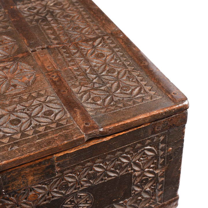 Corner Detail From Chip Carved Merchants Box From Rajasthan - 19thC | Indigo Antiques