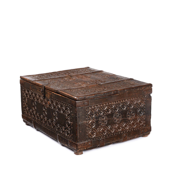 Angled View Of Chip Carved Merchants Box From Rajasthan - 19thC | Indigo Antiques