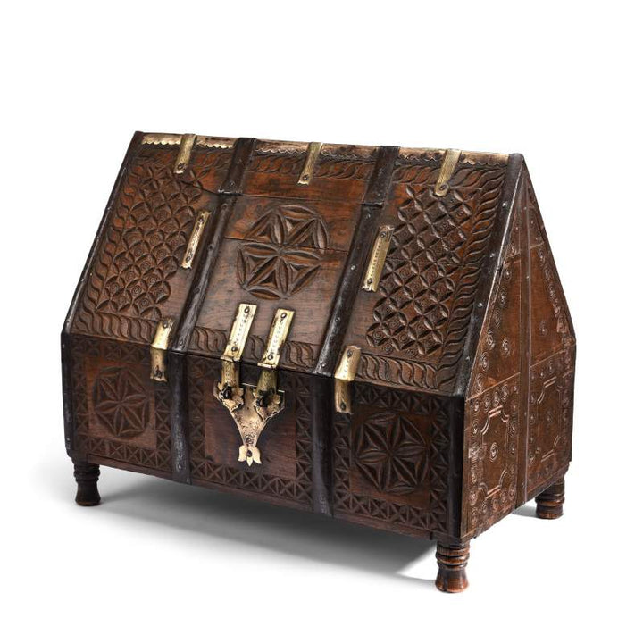 Angled View Of Chip Carved Dowry Hut Box From Jaisalmer - Rajasthan - 19thC | Indigo Antiques