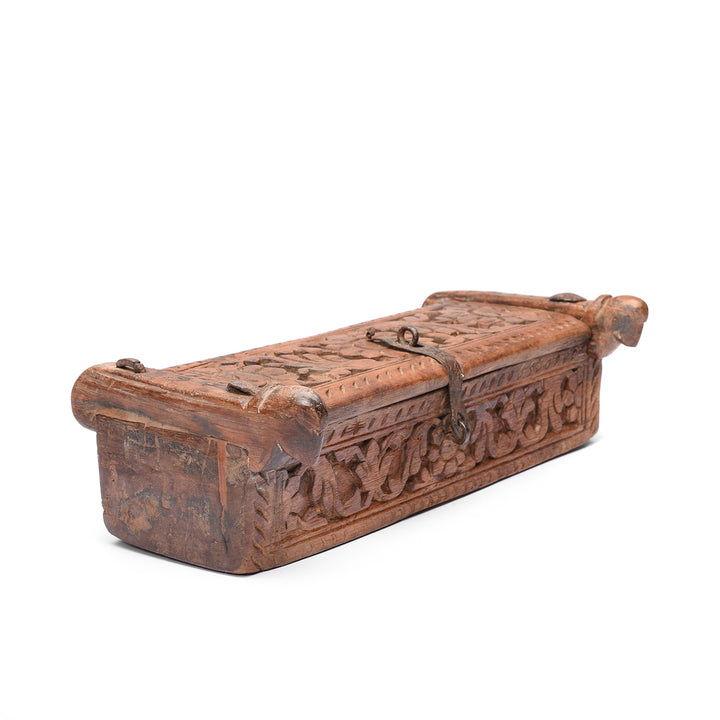 Angled View Of Carved Teak Harpa Box From Banswara - Rajasthan - Ca 1920's | Indigo Antiques