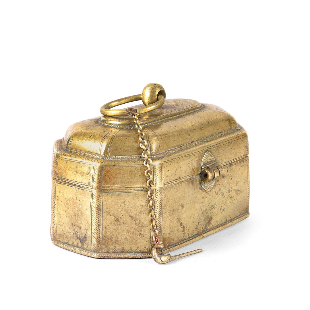 Angled View Of Indian Brass Paan Box From Rajasthan - Early 20thC | Indigo Antiques