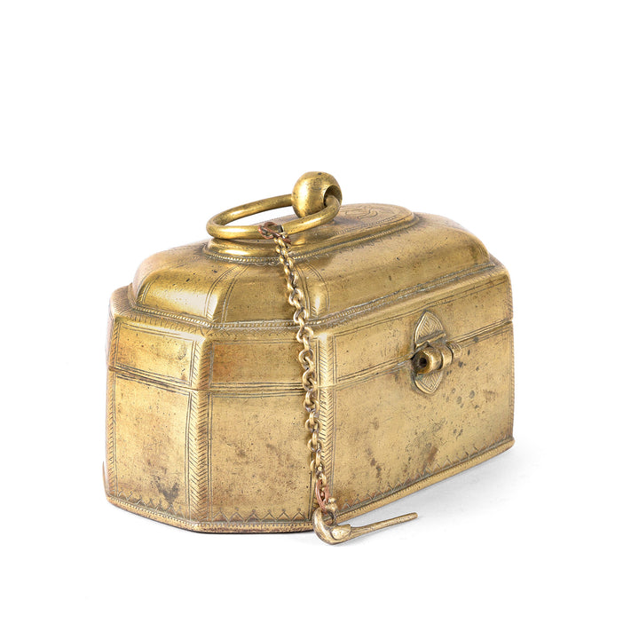 Angled View Of Indian Brass Paan Box From Rajasthan - Early 20thC | Indigo Antiques