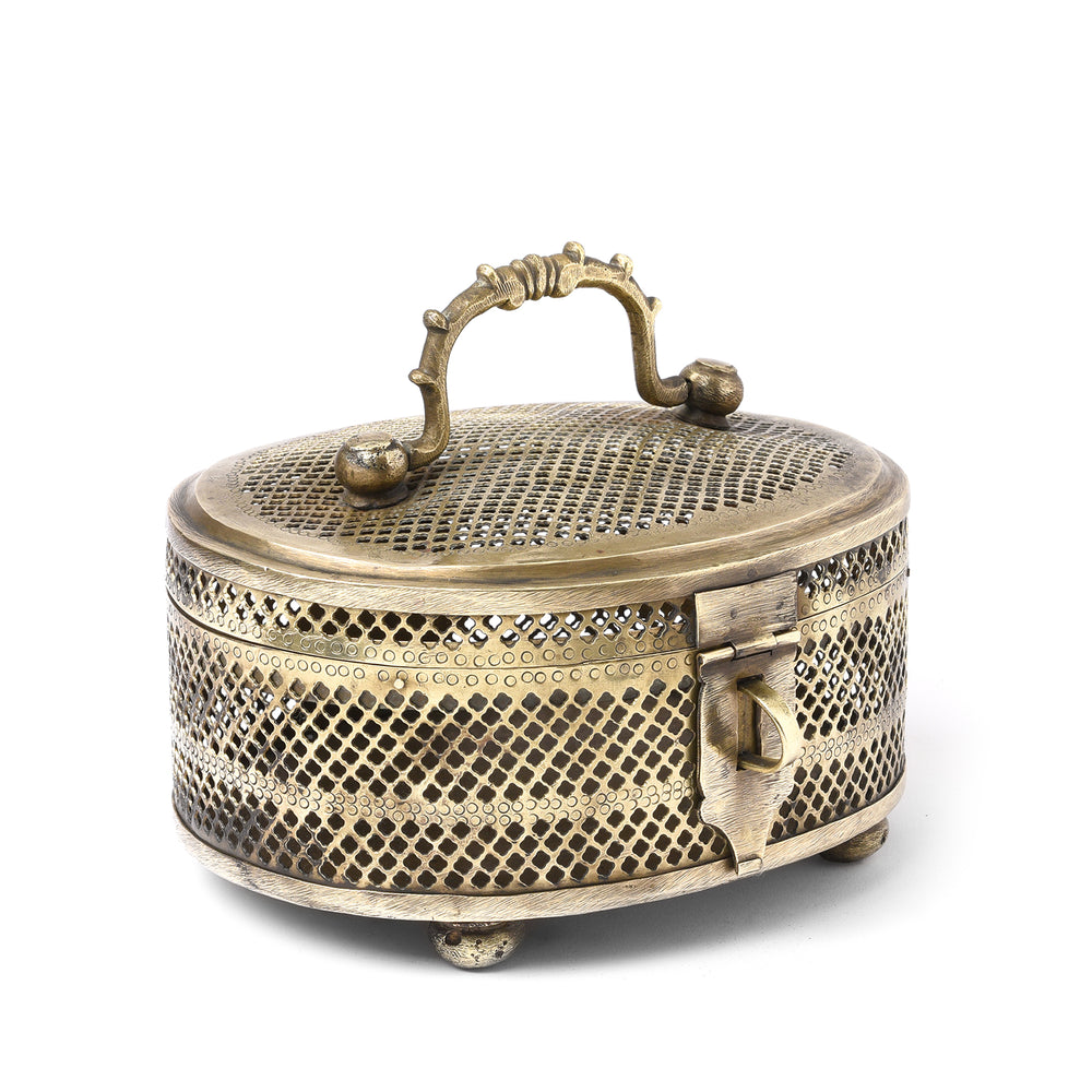 Angled View Of Brass Jali Work Paan Box From India - Early 20thC | Indigo Antiques