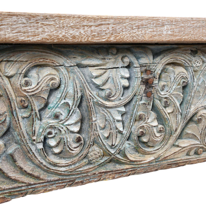 Carving Detail From Painted Console Table Made From Reclaimed Teak | Indigo Antiques