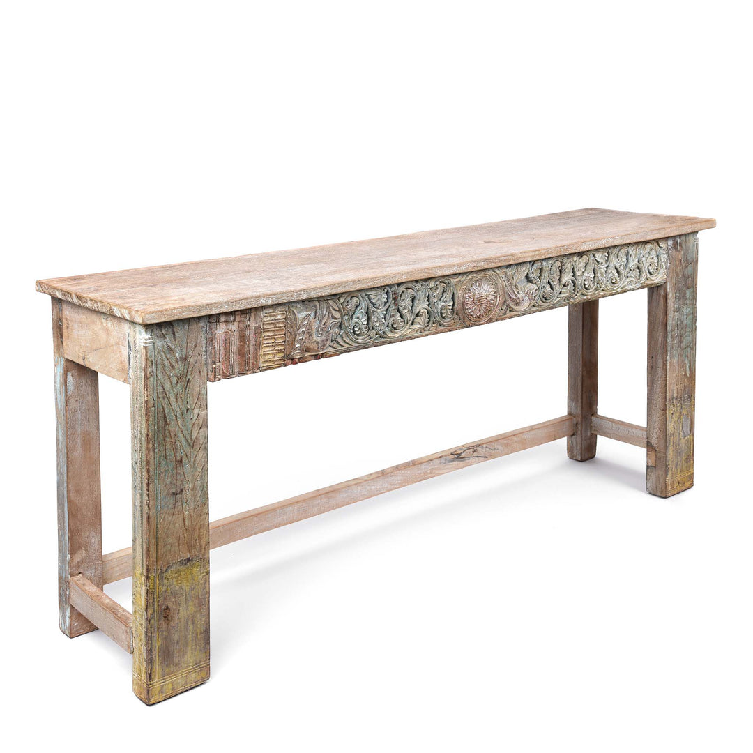 Angled View Of Painted Console Table Made From Reclaimed Teak | Indigo Antiques