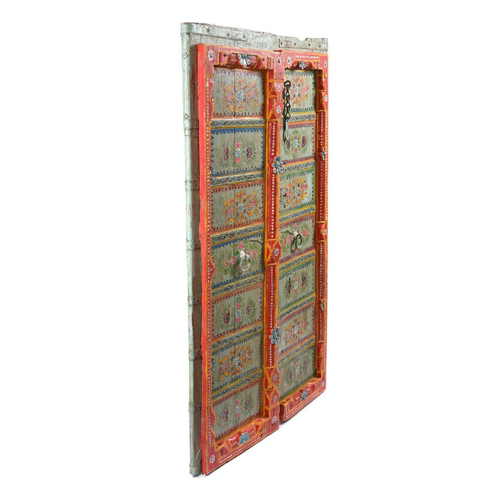 Angled View Of Old Indian Door With Later Painting - 19thC | Indigo Antiques