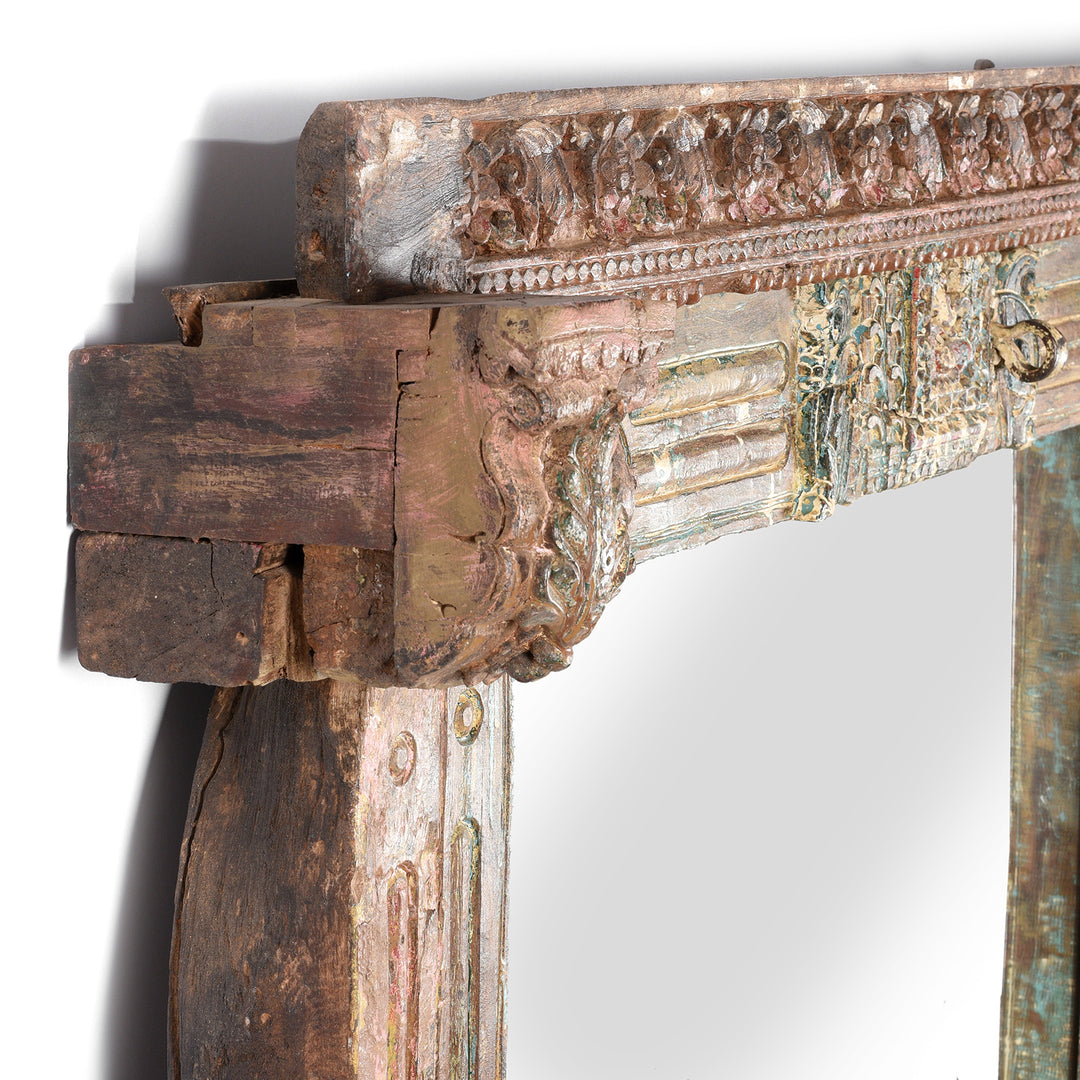 Angled View Of Indian Mirror Made From An Old Teak Door From Gujarat - 19thC | Indigo Antiques