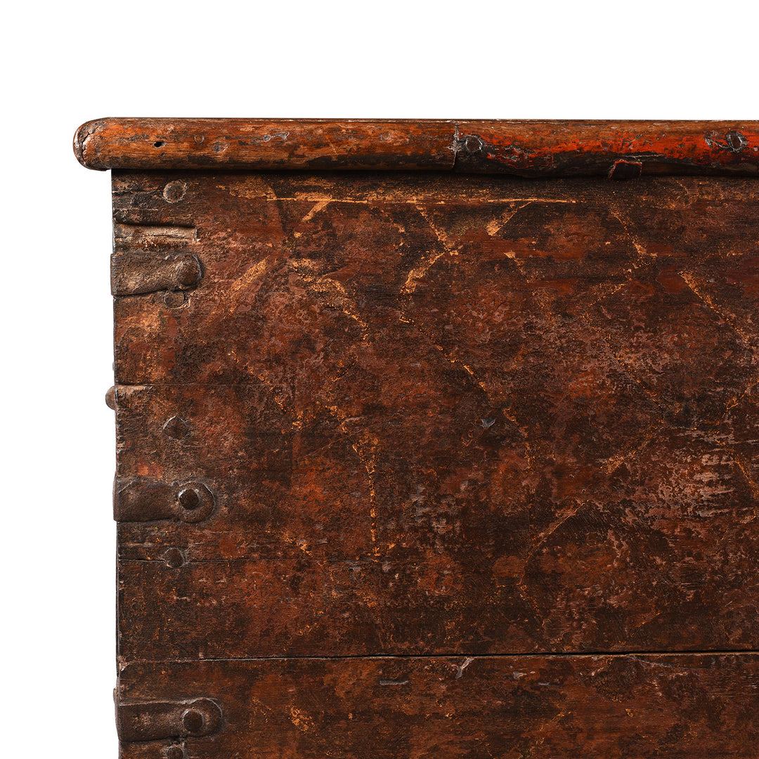 Corner Detail From Antique Painted Teak Chest On Wheels From Nagaur - 19th Century | Indigo Antiques