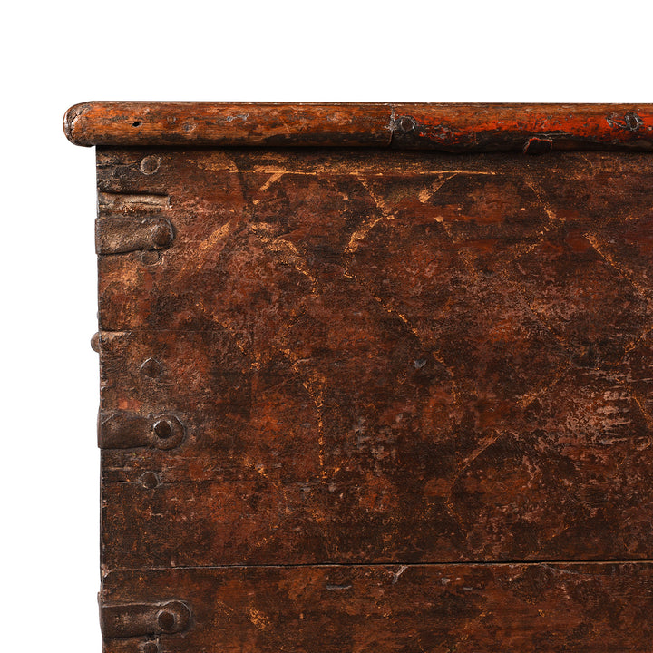 Corner Detail From Antique Painted Teak Chest On Wheels From Nagaur - 19th Century | Indigo Antiques