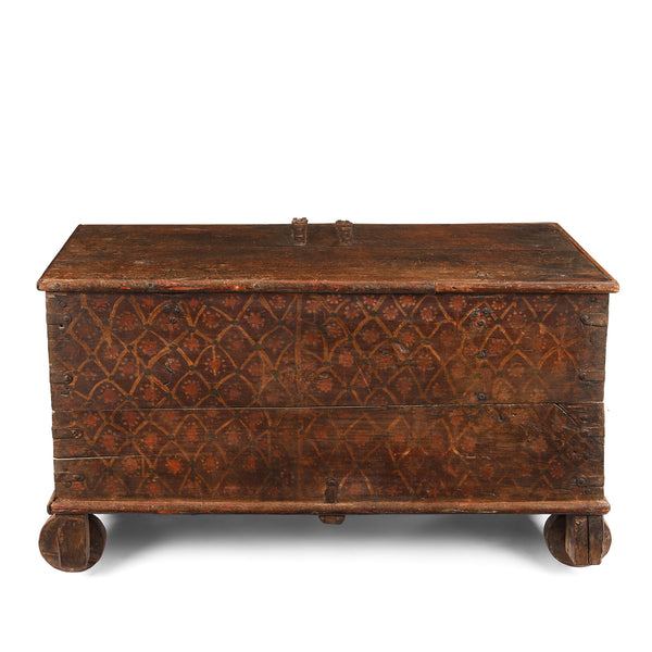 Painted Teak Chest On Wheels From Nagaur - 19th Century
