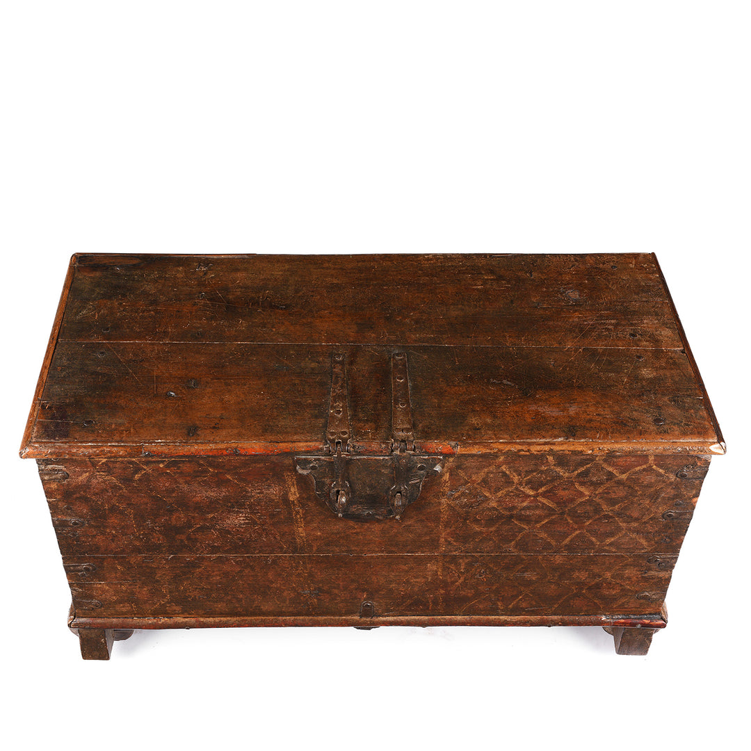 Top Down View Of Antique Painted Teak Chest On Wheels From Nagaur - 19th Century | Indigo Antiques