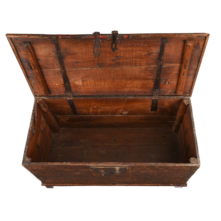Lid Open View Of Antique Painted Teak Chest On Wheels From Nagaur - 19th Century | Indigo Antiques