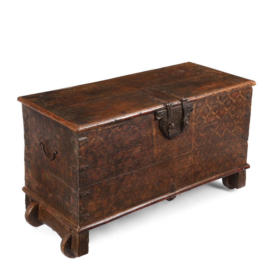 Angled VIew Of Antique Painted Teak Chest On Wheels From Nagaur - 19th Century | Indigo Antiques
