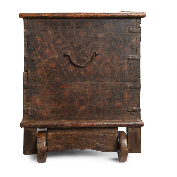 Painted Teak Chest On Wheels From Nagaur - 19th Century
