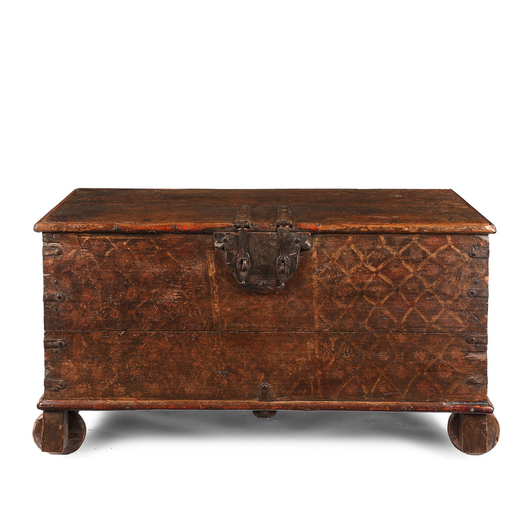 Painted Teak Chest On Wheels From Nagaur - 19th Century
