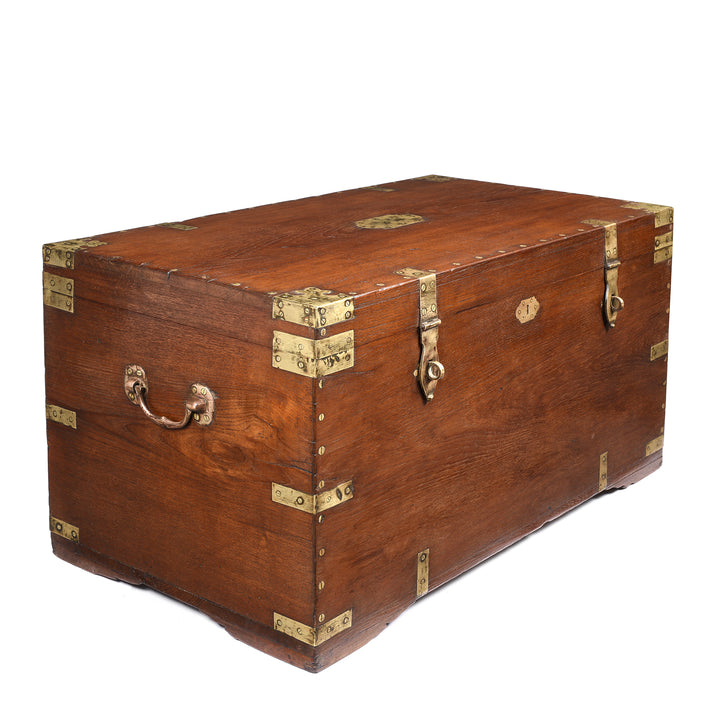 Angled View Of Brass Bound Teak Indian Military Chest -19thC | Indigo Antiques