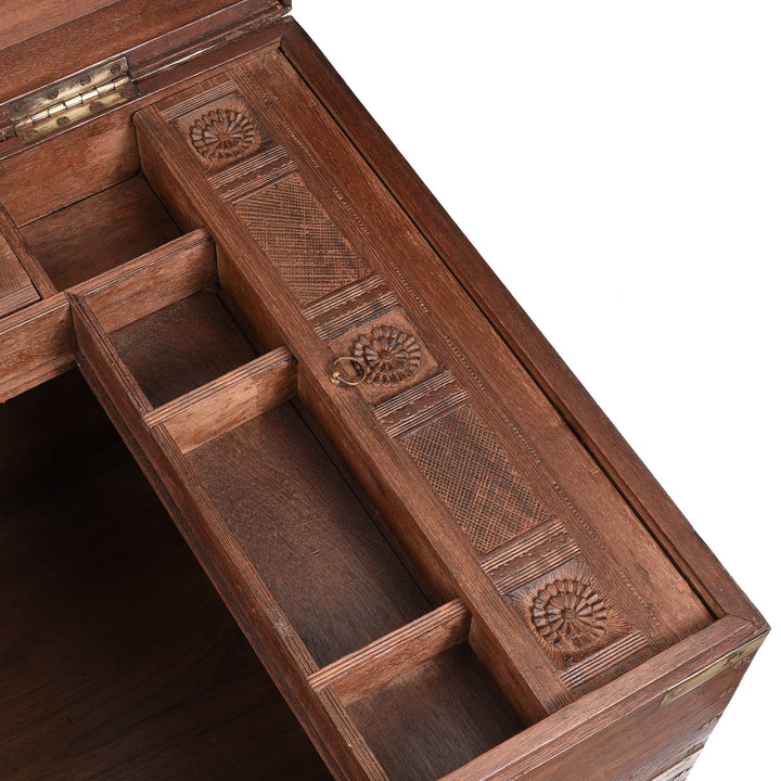 Interior Carving Detail From Brass Bound Teak Indian Military Chest -19thC | Indigo Antiques