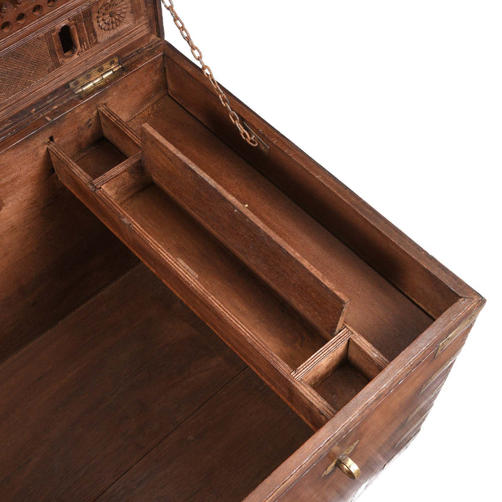 Open Lid Detail From Brass Bound Teak Indian Military Chest -19thC | Indigo Antiques