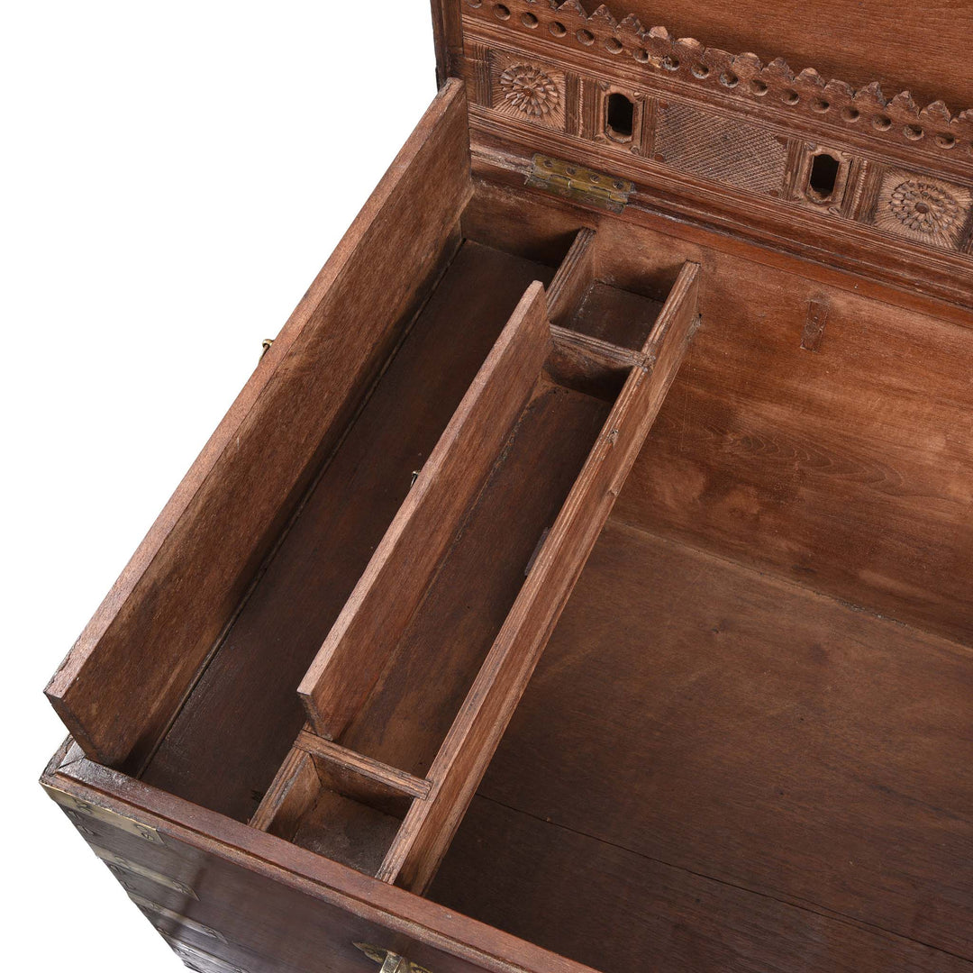 Open Lid Detail From Brass Bound Teak Indian Military Chest -19thC | Indigo Antiques