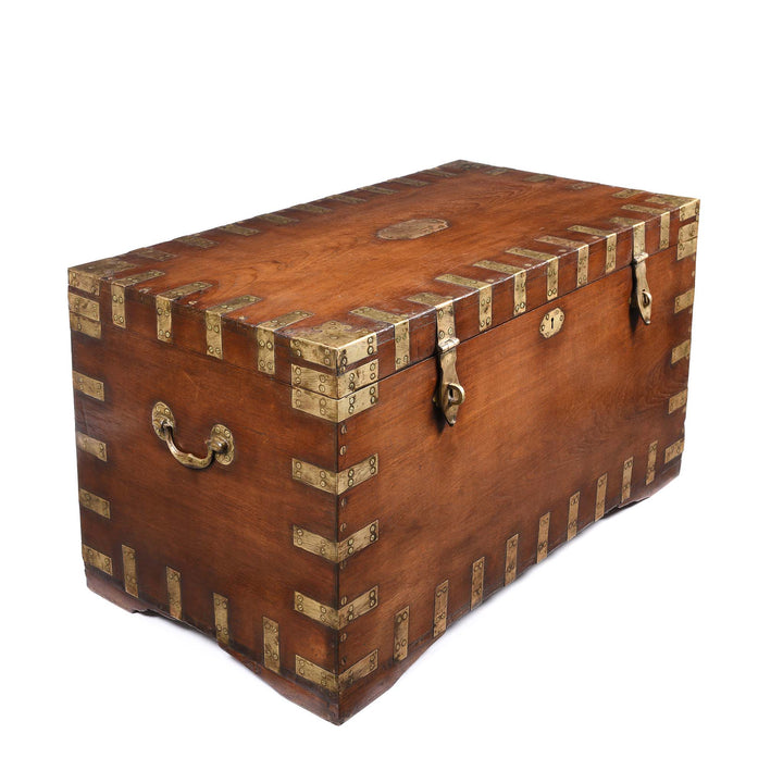 Angled View Of Brass Bound Teak Indian Military Chest -19thC | Indigo Antiques