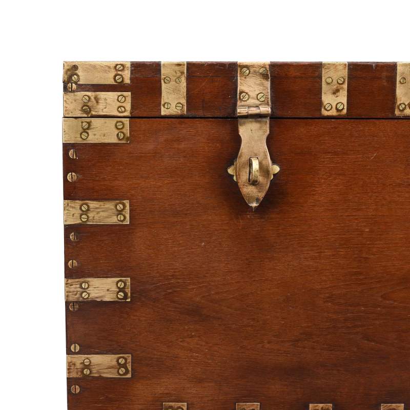 Corner View Of Brass Bound Teak Indian Military Chest -19thC | Indigo Antiques