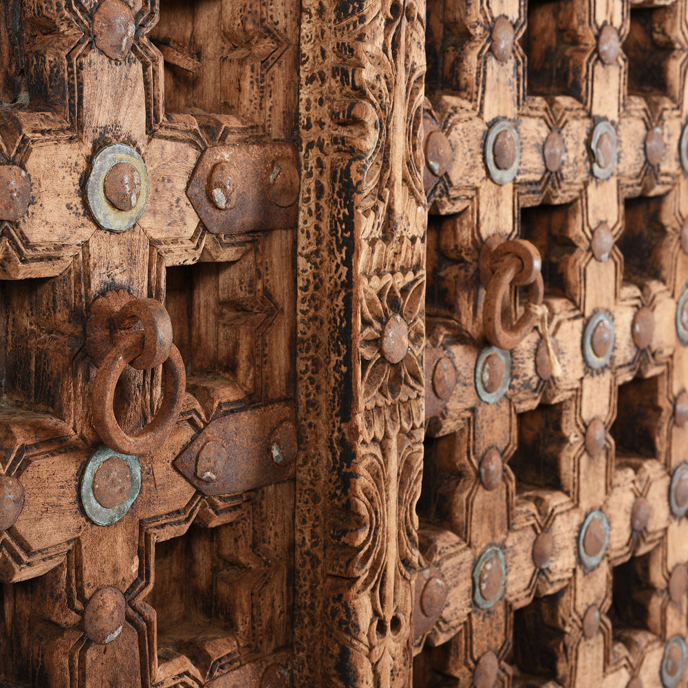Angled VIew Of Carved Teak Indian Panelled Door From Gujarat - 19thC | Indigo Antiques