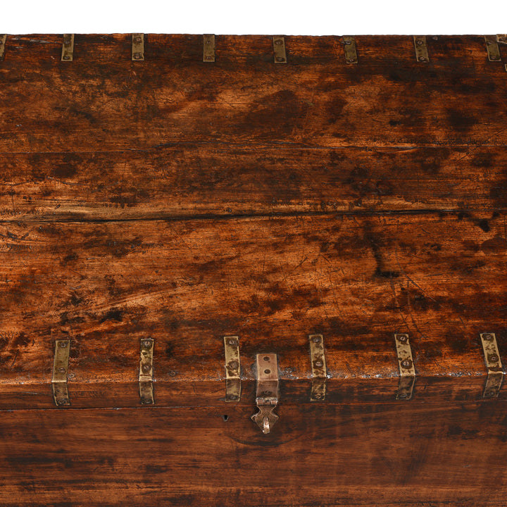 Top detail of an Antique Indian Brass Bound Sheesham Military Chest From Rajasthan - 19thC | Indigo Antiques