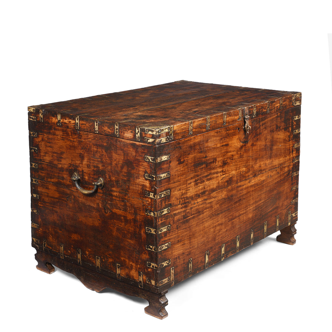 Side detail of an Antique Indian Brass Bound Sheesham Military Chest From Rajasthan - 19thC | Indigo Antiques