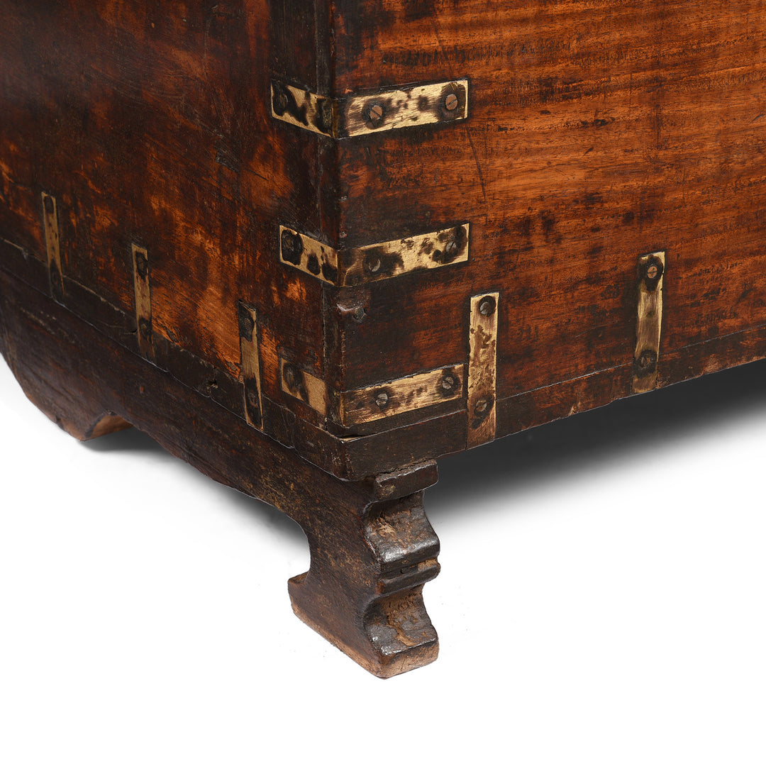 Leg detail of an Antique Indian Brass Bound Sheesham Military Chest From Rajasthan - 19thC | Indigo Antiques