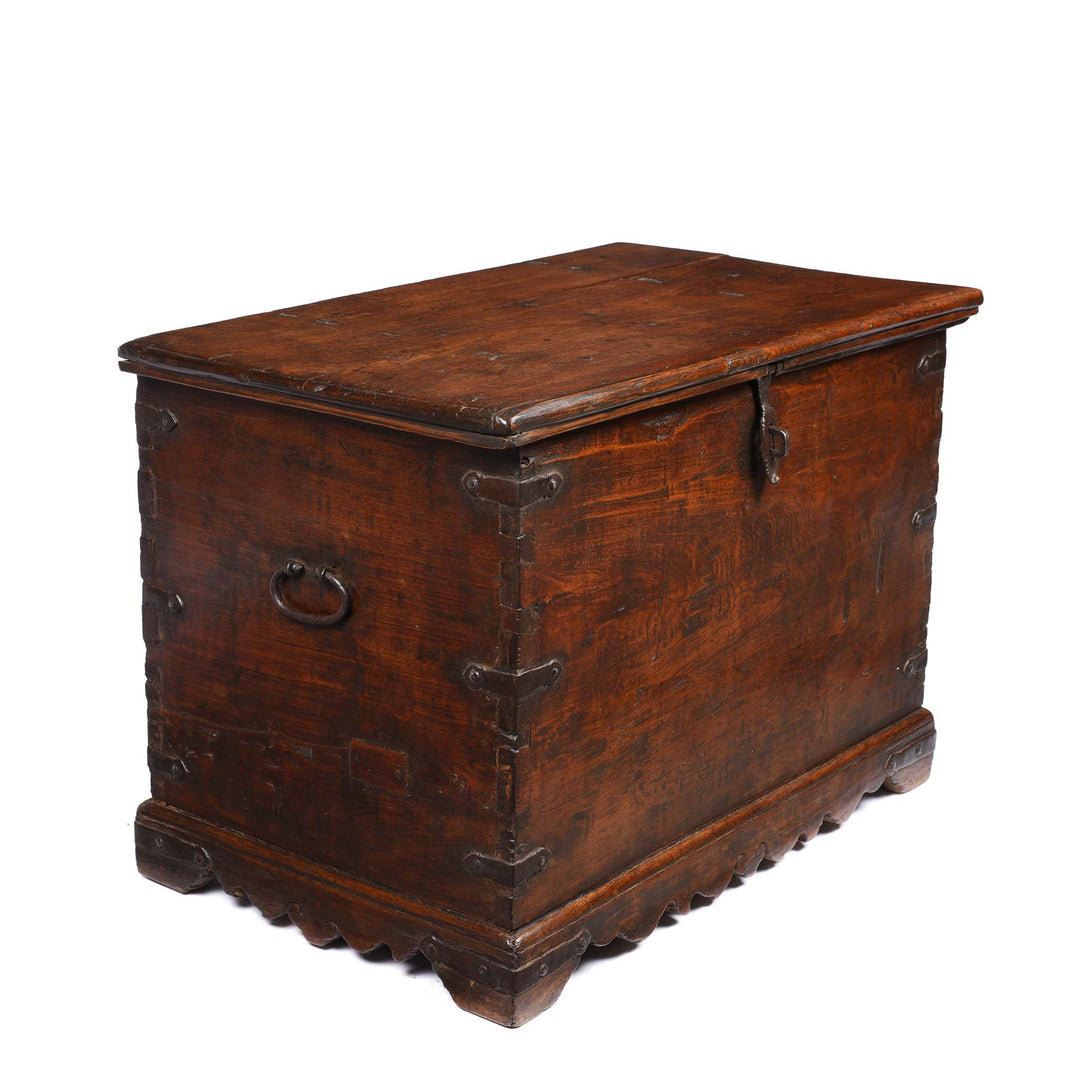 Angled View Of Iron Bound Teak Chest From Gujarat - 19ThC | Indigo Antiques
