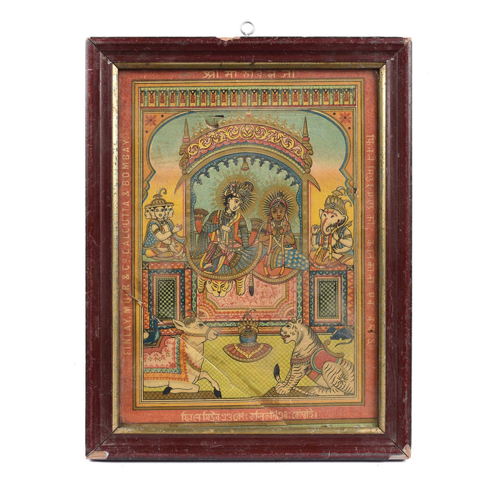 Antique Framed Chromolithograph Cotton Bale Ad Label Of Shiva & Parvati - Ca 1920 | Indigo Antiques