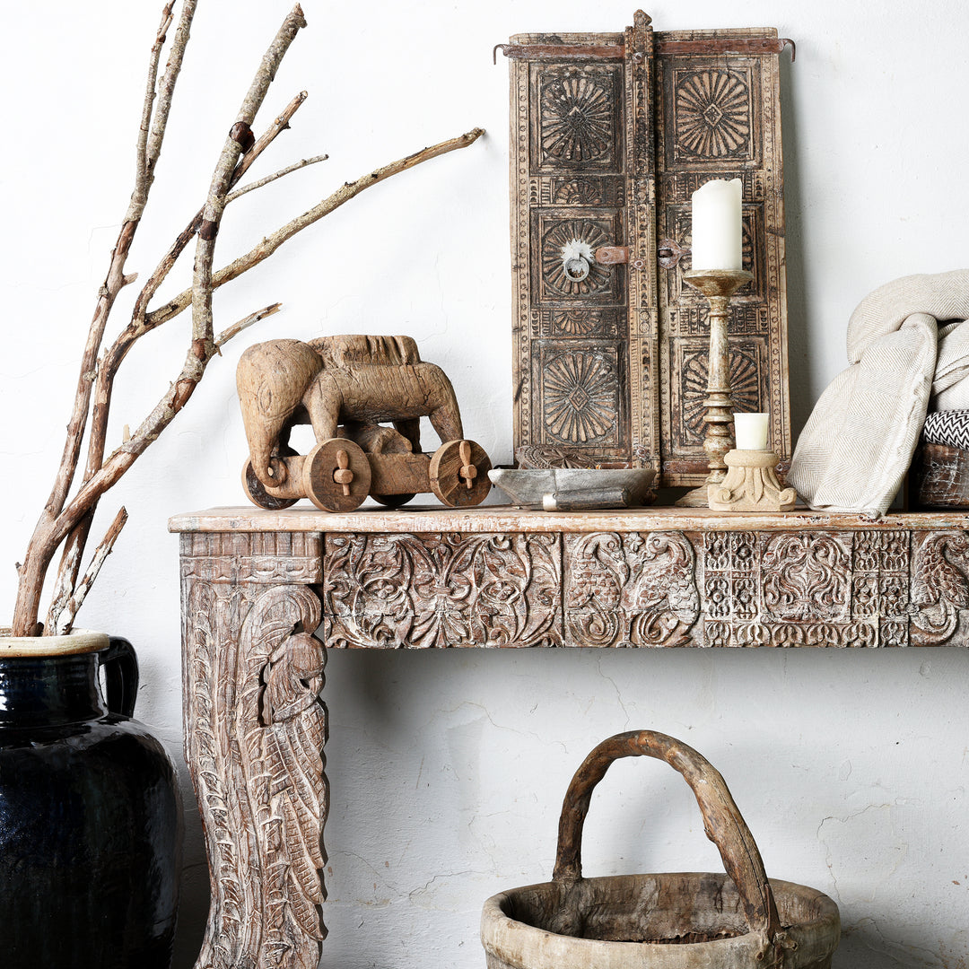 Raw White Pale Furniture Indian Reclaimed Teak Console Table - Peakcock Leg | Indigo Antiques