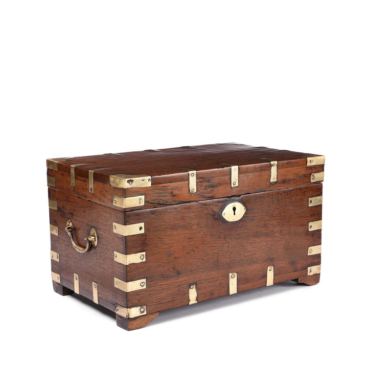Angled View Of Brass Bound Teak Box From Rajasthan - 19thC | Indigo Antiques