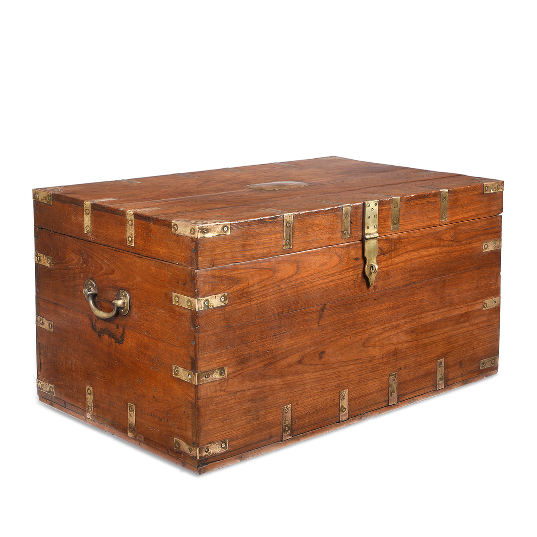 Angled View Of Brass Bound Teak Indian Military Chest From Gujarat -19thC | Indigo Antiques