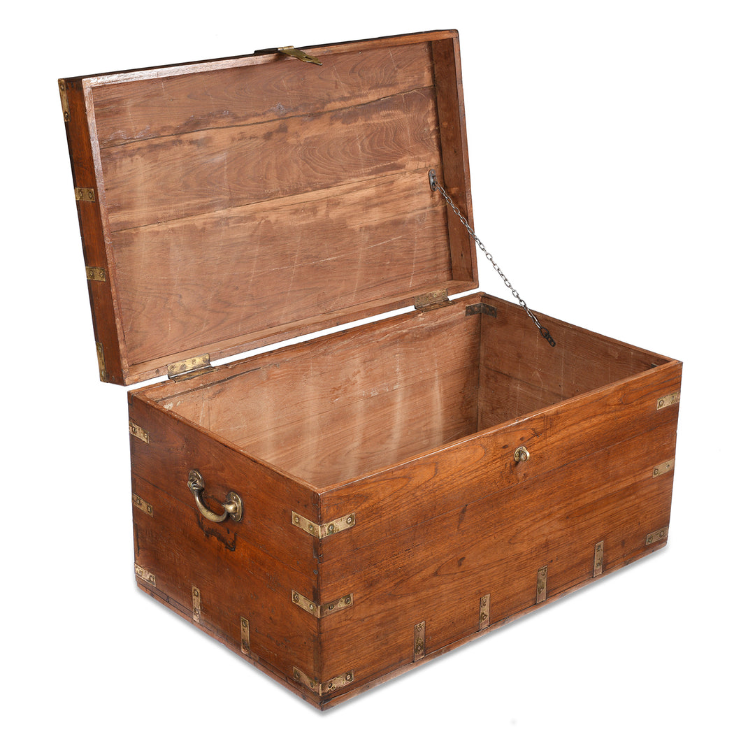 Open Lid View Of Brass Bound Teak Indian Military Chest From Gujarat -19thC | Indigo Antiques