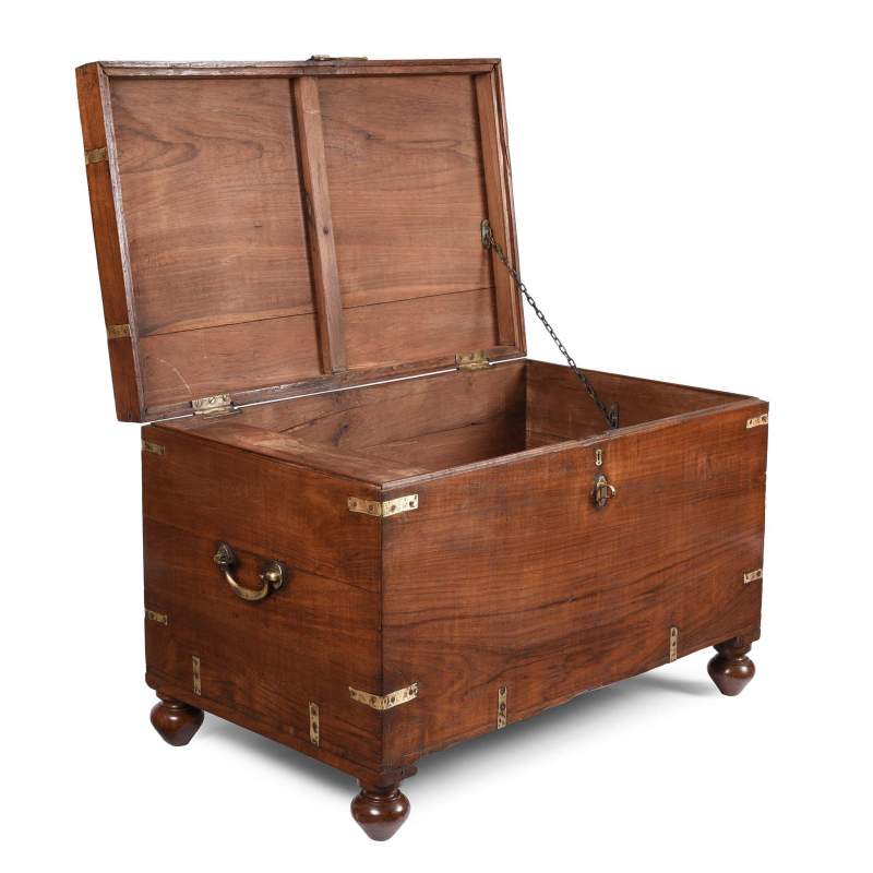 Open Lid View Of Brass Bound Teak Indian Military Chest From South India -19Thc | Indigo Antiques