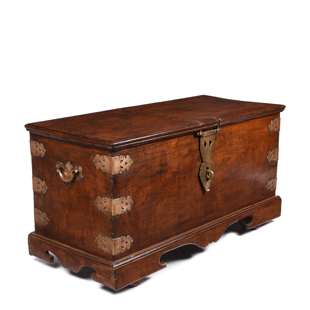 Angled View Of Brass Bound Teak Chest | Indigo Antiques