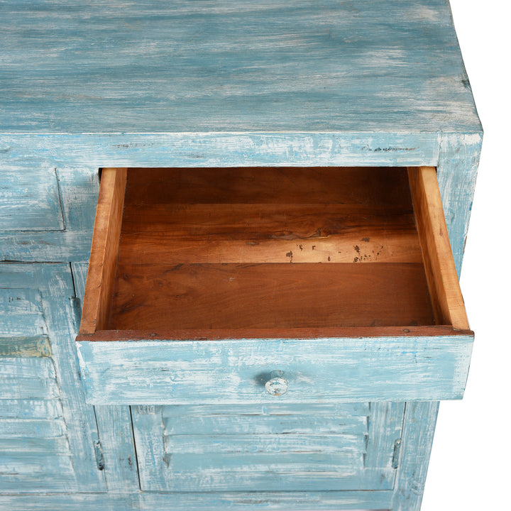 Open Drawer View Of 3 Door Louvre Sideboard - Blue Painted Reclaimed Teak | INDIGO ANTIQUES