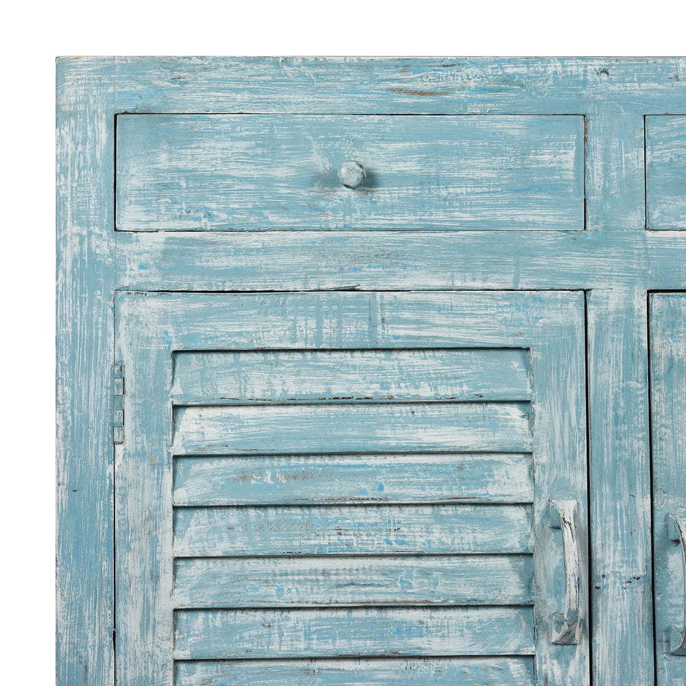 Corner Detail from 3 Door Louvre Sideboard - Blue Painted Reclaimed Teak | INDIGO ANTIQUES