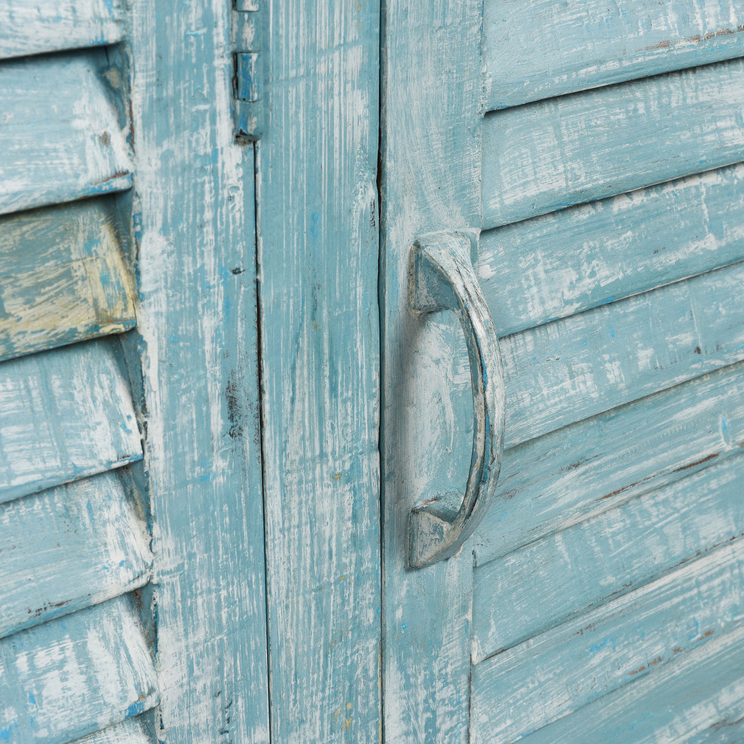 Handle Detail From 3 Door Louvre Sideboard - Blue Painted Reclaimed Teak | INDIGO ANTIQUES