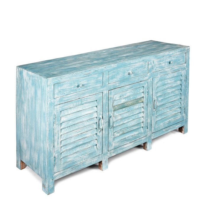 Angled View Of 3 Door Louvre Sideboard - Blue Painted Reclaimed Teak | INDIGO ANTIQUES