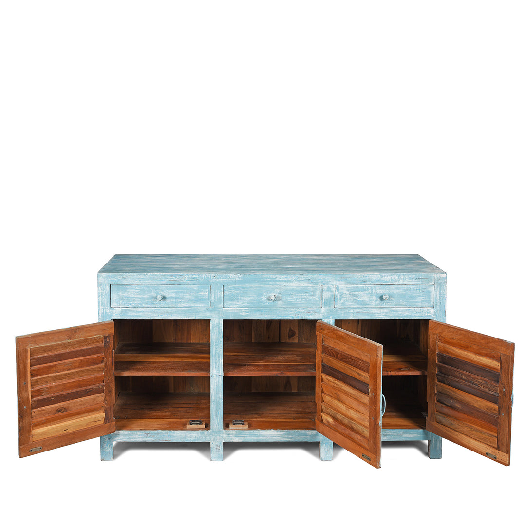 Open Doors View Of 3 Door Louvre Sideboard - Blue Painted Reclaimed Teak | INDIGO ANTIQUES
