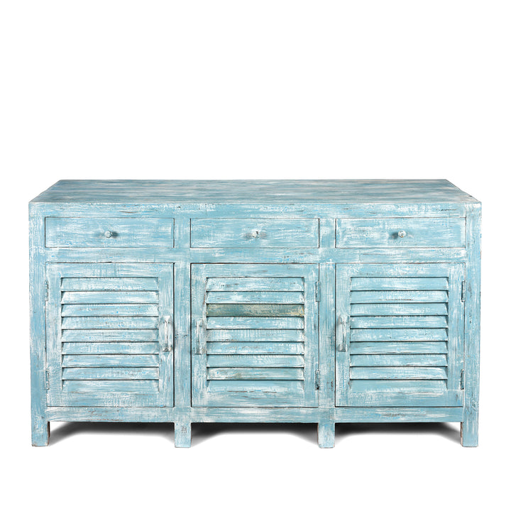 3 Door Louvre Sideboard - Blue Painted Reclaimed Teak | INDIGO ANTIQUES