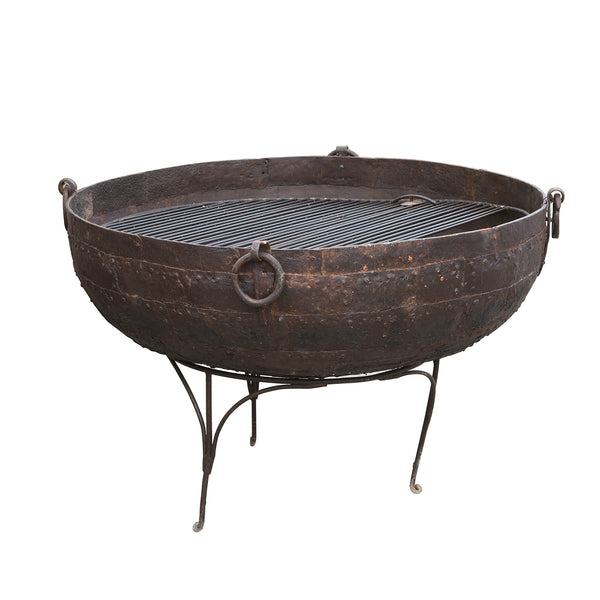 Old 1920's Kadai - Large Indian Fire Bowl On Stand - 134cm