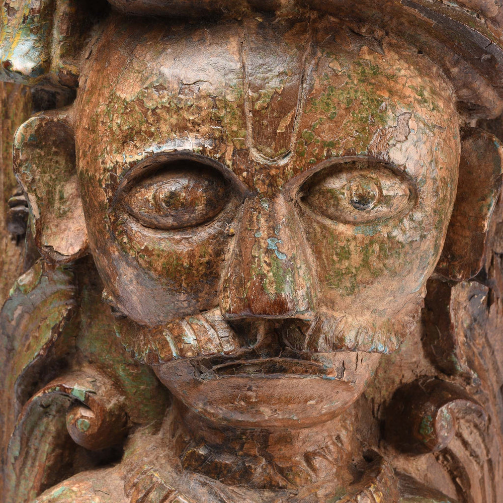 Face Detail From Carved Gujarati Head On Stand - 19thC | Indigo Antiques