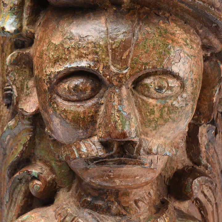 Face Detail From Carved Gujarati Head On Stand - 19thC | Indigo Antiques