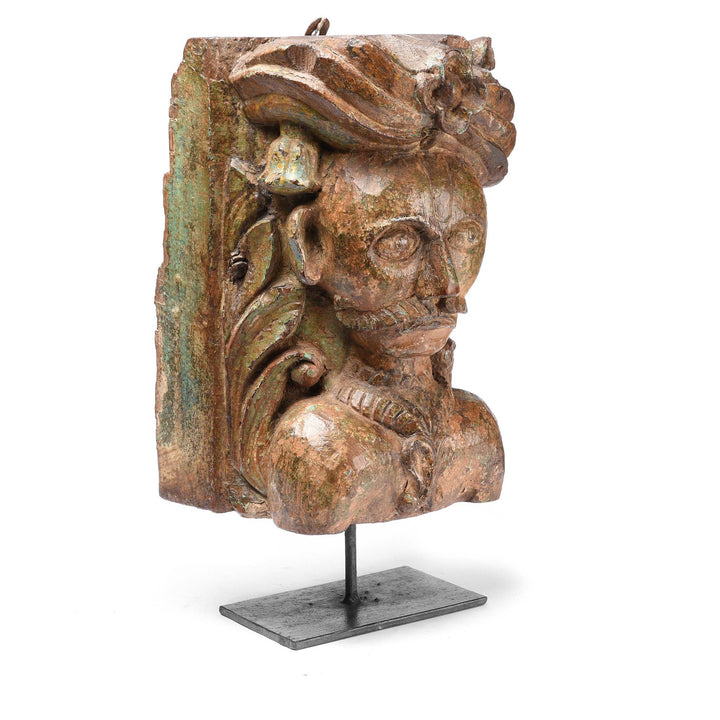 Angled View Of Carved Gujarati Head On Stand - 19thC | Indigo Antiques